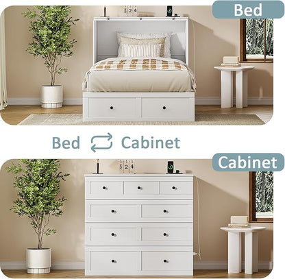 Twin Murphy Bed with Built-in Charging Station, Space-Saving Murphy Bed Chest Twin with Drawer, Foldable, for Home Office Guest Room Bedroom White