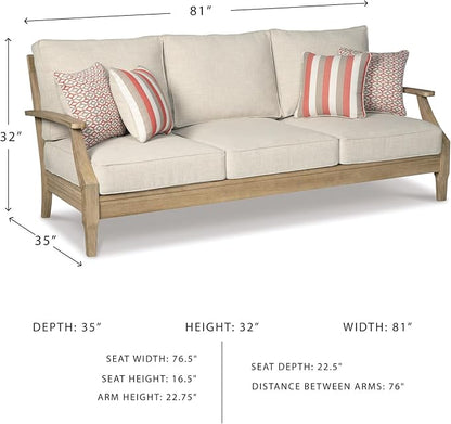 Signature Design by Ashley Clare View Outdoor Patio Sofa, 4 Throw Pillows, Nuvella Weather Resistant Fabric, Eucalyptus Wood, 81" W x 35" D x 32" H, Beige