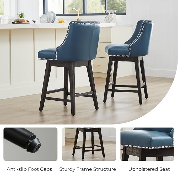 CHITA Counter Height Swivel Bar Stools Set of 2, FSC Certified Upholstered Counter Stools, Modern Swivel Barstools with Wood Legs for Kitchen Island, 26" Seat Height, Faux Leather in Blue