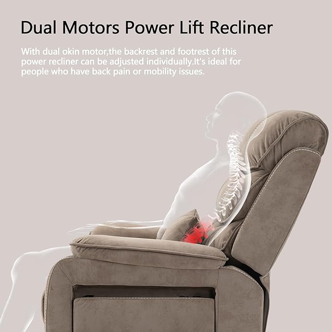 Lift Chair Lay Flat Recliner Heat Massage Dual Motor Infinite Position Power Recliners with Left Side Tray Table-Wireless Charger,Cup Holder