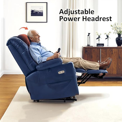 MCombo Large Triple Motor Power Lift Recliner Chair with Massage and Dual Heating, Adjustable Headrest for Tall Elderly People, Faux Leather 7634 (Blue, Large)