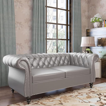 Chesterfield Loveseat Sofa, Modern Leather Small Sofa Couch 2 Seater with Rolled Arms and Nailhead, Mid Century Modern Loveseat Couch for Small Spaces Living Room Bedroom Apartment, Grey