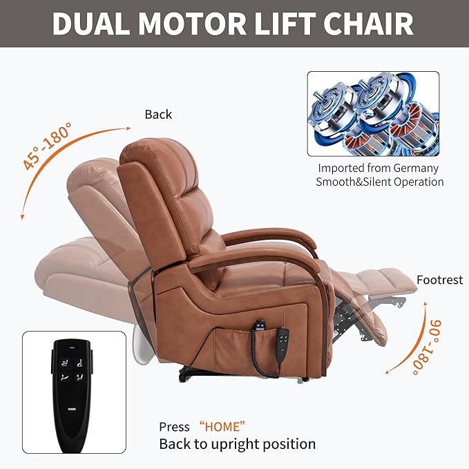 Dual Motor Recliner Lift Chair with Heat and Massage, Heavy Duty Leather Power Lift Recliner Chair Idea Gifts for Seniors, Stand Assistance, Orange