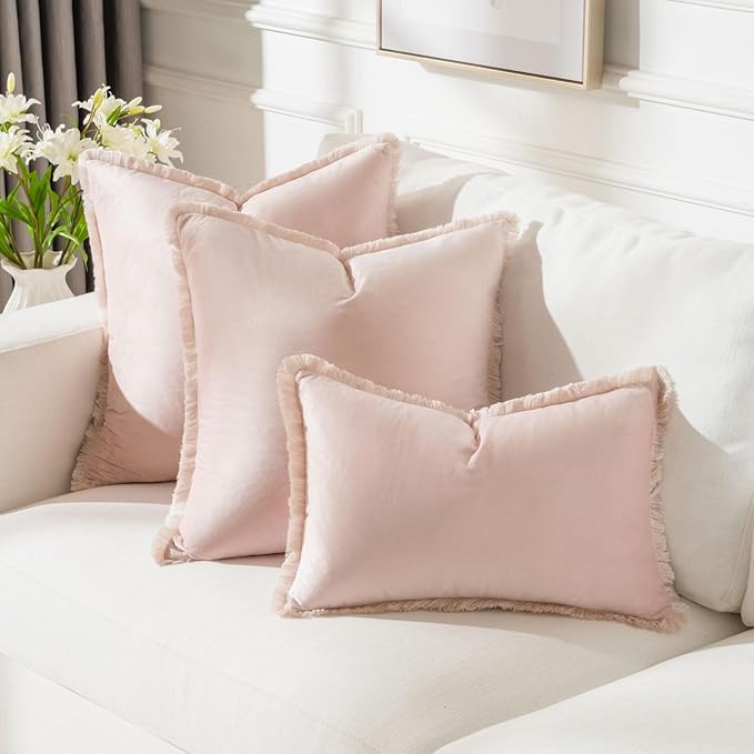 FUTEI Pink Velvet Decorative Throw Pillow Covers 26x26 Set of 2,Soft Cozy Edge with Tassels Euro Pillow Shams,Boho Modern Home Decor for Couch Bed Living Room