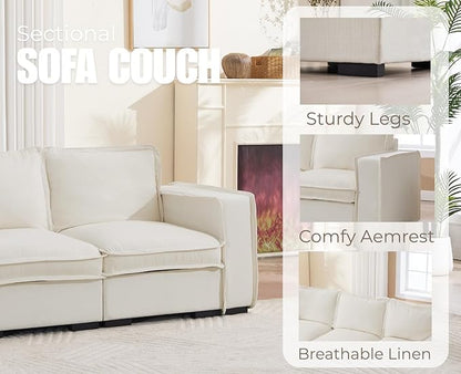 EALSON 93 Inch Modular Sectional Sofa Modern Comfy 3-Seater Couch Sofa Linen Fabric Upholstered Cloud Couches with 24" Deep Seat and Wooden Legs for Bedroom/Living Room/Office, White