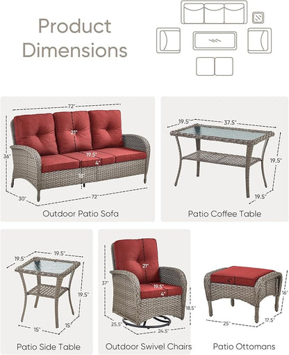 HUMMUH 7 Pieces Outdoor Furniture Set-All Weather Wicker Rattan Couch with Outdoor Rocking Chair Patio Furniture for Deck Lawn Porch Balcony Poolside-Grey/Red
