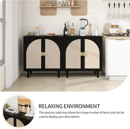 Black Sideboard Cabinet with 2 Rattan Doors, Rattan Buffet Cabinet with Adjustable Shelves & Pine Legs, Boho Sideboard Buffet for Living Room, Kitchen, Entryway (Black,2 PCS)