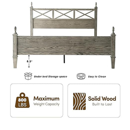 Queen Size Platform Bed Frame with Solid Wood Headboard & Footboard, Metal Legs, 12 Durable Slatted Base, No Box Spring Needed, Easy Assembly, Noise-Free & Anti-Slip, Weathered Gray Oak Finish, RIQ-34