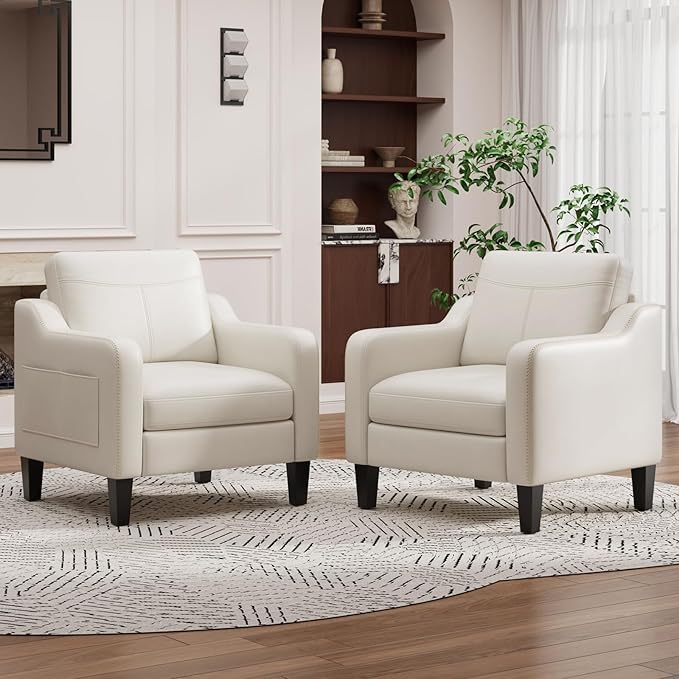 PU Leather Accent Chair Set of 2, Mid-Century Modern Living Room Armchair Sofa with Removable Cushions, Solid Wood Frame & Stitched Armrest Design, Bedroom Chair with Plastic Legs, Beige