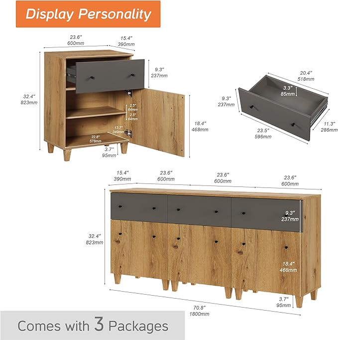 WAMPAT Set of 3 Storage Cabinets for Living Room, Modern Wood Accent Cabinets Sideboard with Drawers, Doors, and Adjustable Shelves for Dining Room, Kitchen, Entryway, Oak Brown & Dark Grey