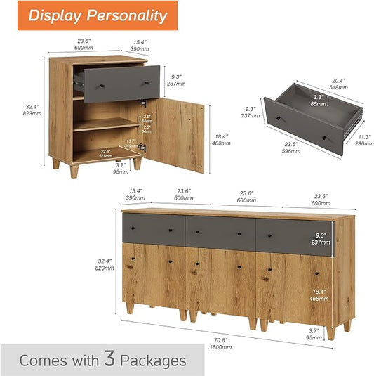 WAMPAT Set of 3 Storage Cabinets for Living Room, Modern Wood Accent Cabinets Sideboard with Drawers, Doors, and Adjustable Shelves for Dining Room, Kitchen, Entryway, Oak Brown & Dark Grey