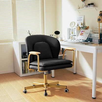 Furniliving Leather Office Chairs,Gold Office Chair, Adjustable Swivel Computer Chair with Golden Legs and Wooden Padded Armrest, Modern Upholstered Task Chair with Wheels,Black
