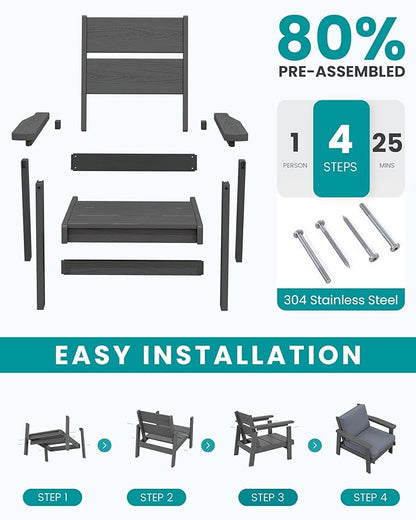 SERWALL HDPE Outdoor Furniture Set, 7 Piece All Weather Wood-Like Outdoor Sofa Sectional Couch, Grey Patio Furniture Set with Grey Cushions