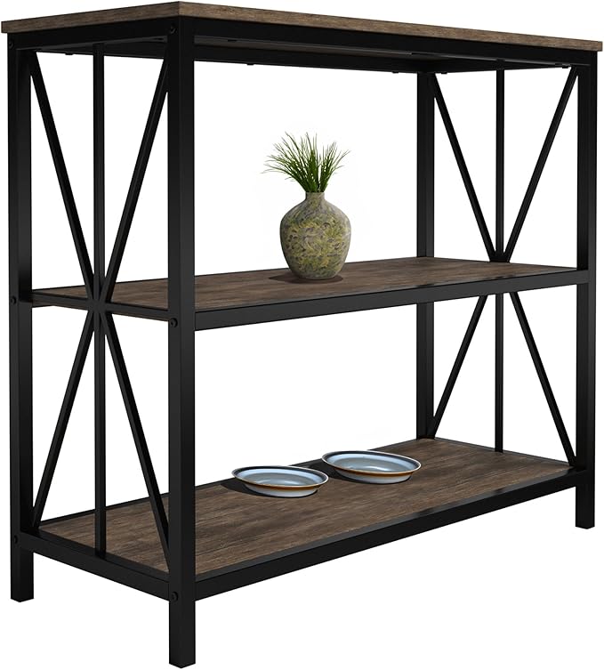 Lavish Home 3-Tier Industrial Bookshelf - Freestanding Open Bookcase for Home or Office Organization and Storage - Book Organizer (Brown Woodgrain)
