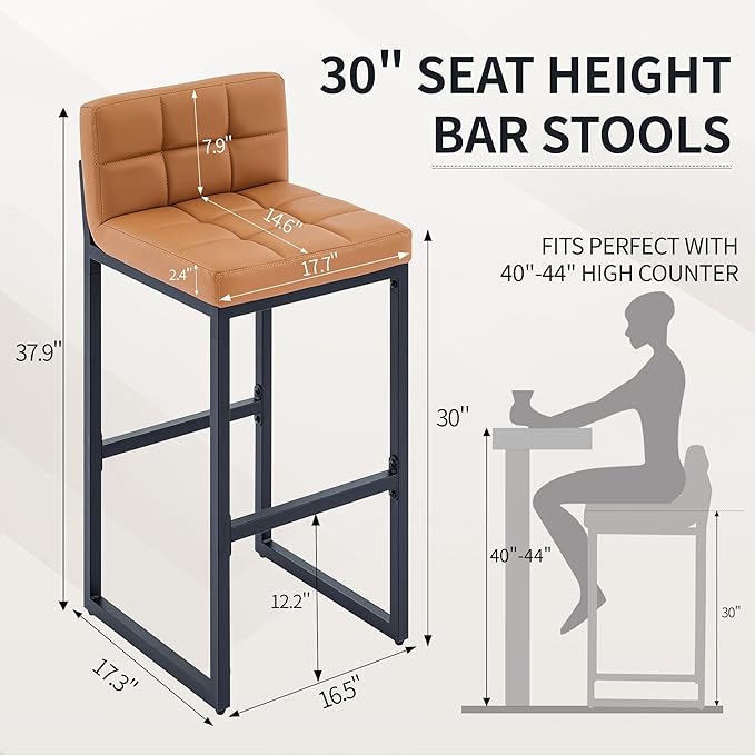 Bar Height Bar Stools Set of 2, Tall Counter Stool Barstools with Back, 30-inch Seat Height Island Stools Comfortable Bar Chairs for Kitchen Island (Caramel Brown, 2Pcs 30" Bar Stools)