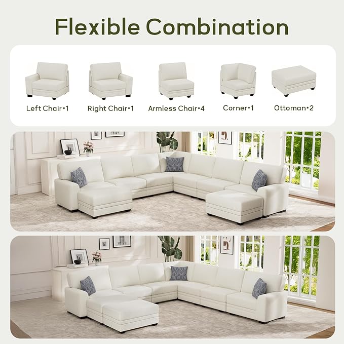 Wanderwell Oversized Modular Sectional Sofa, 9-Seater U Shaped Couches with Movable Ottoman,Corduroy Sectional Couch with Wide and Deep Seats Suitable for Living Room,Bedroom,Apartment (Cream, U-9)