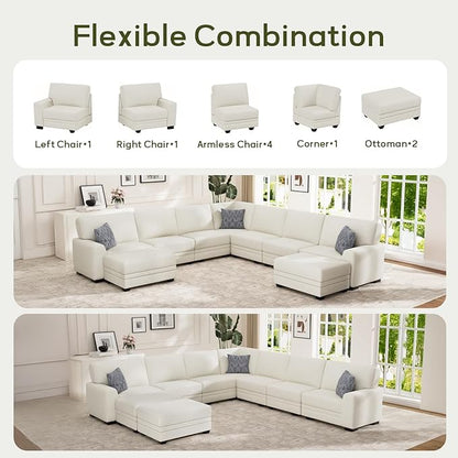 Wanderwell Oversized Modular Sectional Sofa, 9-Seater U Shaped Couches with Movable Ottoman,Corduroy Sectional Couch with Wide and Deep Seats Suitable for Living Room,Bedroom,Apartment (Cream, U-9)