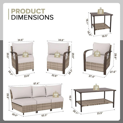 COOS BAY Aurora Terrace Half-Moon Outdoor Furniture Set, Rattan Conversation Set with Patio Chairs, Curved 5-Seat Sofa, Coffee Table & Side Table, Seats 7, Beige/Beige
