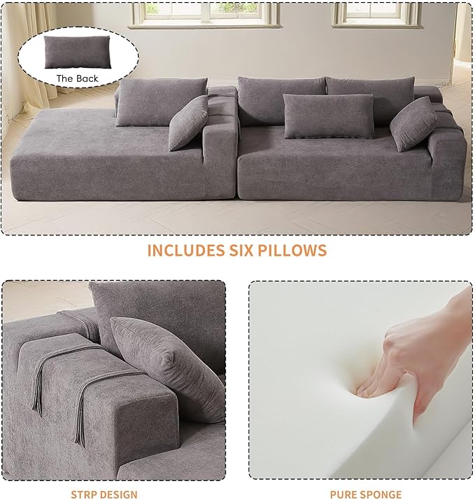 108" Modular Sectional Couch Sofa with L-Shape Chaise, Modern Cloud Comfy Sofa with Deep Seat, Upholstered Couches for Living Room Bedroom, No Assembly Required (Grey Left Facing Chaise)