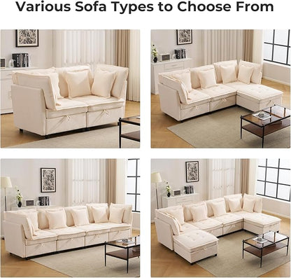 133'' Modular Sectional Sofa, Oversized U Shaped Couch with Storage Ottoman, Comfy Chenille Sofa with Deep Seat, 6 Seat Convertible Couches with Throw Pillows for Living Room, Beige