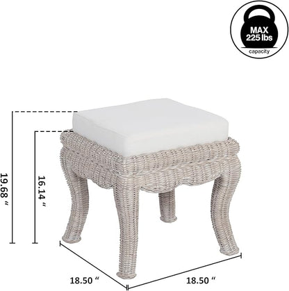 JONATHAN Y VSL1000C Rowan 19.7" Bohemian Designer Woven Rattan/Wood Ottoman Vanity Stool, White Cushion Seat with Gray White Wash Binded Base, for Living Room, Bedroom, Entryway, Foyer