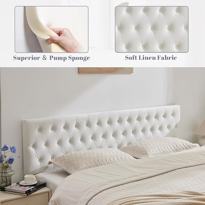 Kingfun Tufted Upholstered King Size Bed Headboard in Modern Button Design, Adjustable Solid Wood Head Board, Premium Velvet Fabric Padded Headboards in Bedroom (White)