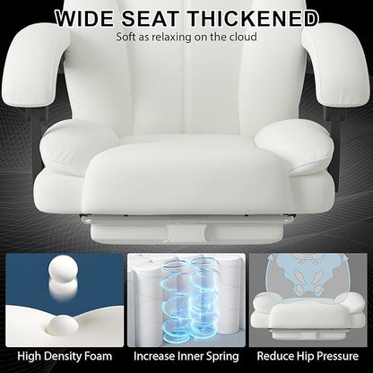 Big and Tall Office Chair, Executive Home Office Desk Chair, Leather Computer Chair with Retractable Footrest, Adjustable Headrest and Reclining Height, Padded Arms, 360°Swivel Free, Wide Seat, White