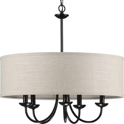 Progress Lighting Drum Shade Collection Five-Light Chandelier, Farmhouse Style Hanging Ceiling Light Fixture for Dining Rooms, Foyers, Harvest Linen Shade, Matte Black
