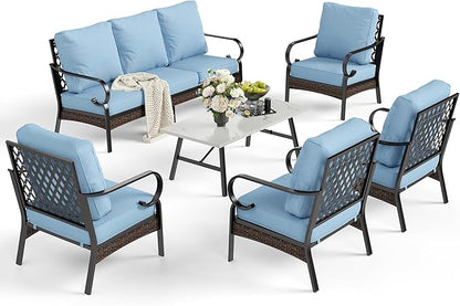 6 Piece Metal Outdoor Patio Furniture Sets, Patio Conversation Sets 1 3-Seater Sofa, 4 Single Sofa with 5.75" Extra Thick Cushion & Coffee Table, Black Frame Backyard Furniture, Blue
