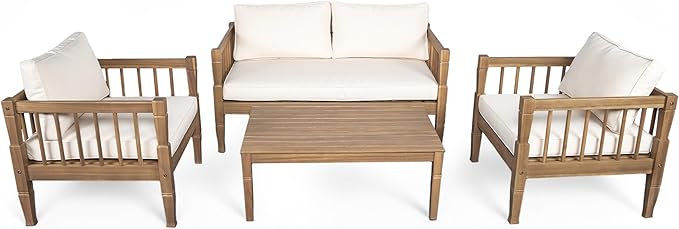Scott Living Darla 4 Piece Outdoor Rustic Acacia Wood Seating Set, 4 Seater Conversation Set, Acacia Wood Loveseat and Club Chairs, Sofa Set with Cushion, Retangular Coffee Table, Light Gray+Beige