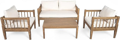 Scott Living Darla 4 Piece Outdoor Rustic Acacia Wood Seating Set, 4 Seater Conversation Set, Acacia Wood Loveseat and Club Chairs, Sofa Set with Cushion, Retangular Coffee Table, Light Gray+Beige