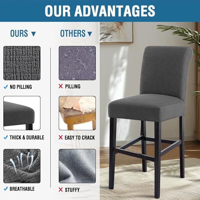 H.VERSAILTEX 100% Waterproof Bar Stool Covers Stretch Washable High Chair Cover for Dining Room Chair Removable Counter Stool Pub Chair Slipcover Seat Covers Jacquard Crizzle Pattern Set of 2, Grey