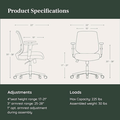 Branch Daily Chair - Computer Office Chair with Swivel, Lumbar Rest, and Adjustable Armrests - Sustainable, Stylish Mesh, & Adjustable Armrests - Comfortable Seating for Improved Posture - Black