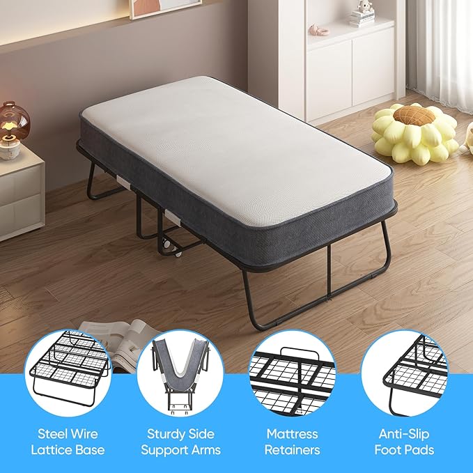 Mjkone Folding Bed with Mattress for Adults, Rollaway Bed with 4 Inch Memory Foam, Space Saving Portable Bed with Lockable Wheel, Sturdy Fold Up Frame and Memory Foam for Bedroom/Guest (75" x 46")