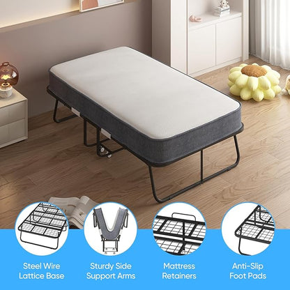 Mjkone Folding Bed with Mattress for Adults, Rollaway Bed with 4 Inch Memory Foam, Space Saving Portable Bed with Lockable Wheel, Sturdy Fold Up Frame and Memory Foam for Bedroom/Guest (75" x 46")