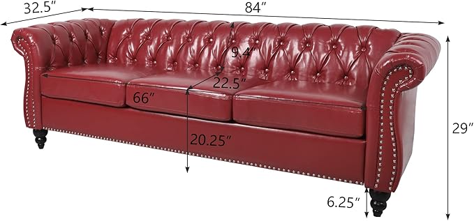 LEVNARY Chesterfield Sofa, Classic Tufted Upholstered Leather Couch, Modern 3 Seater Couch Furniture with Tufted Back for Living Room Office (Wine Red)