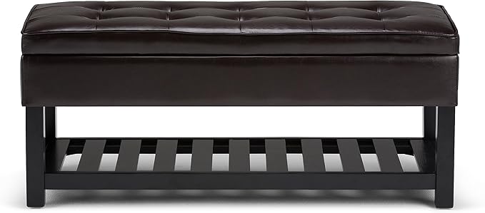 SIMPLIHOME Cosmopolitan 44 inch Wide Transitional Rectangle Storage Ottoman Bench with Open Bottom in Tanners Brown Vegan Faux Leather, Assembled for the Living Room and Bedroom