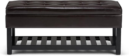 SIMPLIHOME Cosmopolitan 44 inch Wide Transitional Rectangle Storage Ottoman Bench with Open Bottom in Tanners Brown Vegan Faux Leather, Assembled for the Living Room and Bedroom