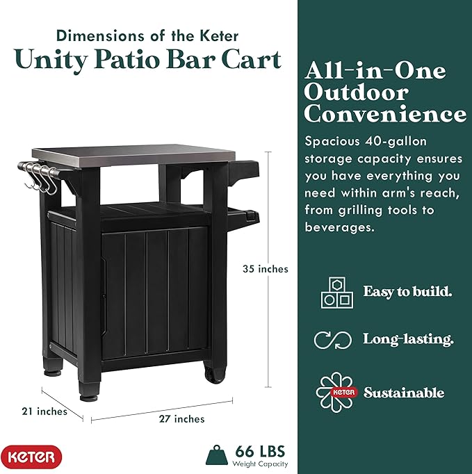 Keter Unity Portable 40 Gal Outdoor Table and Storage Cabinet w/Accessory Hooks, Stainless Steel Top for Patio Kitchen Island or Bar Cart, Dark Brown