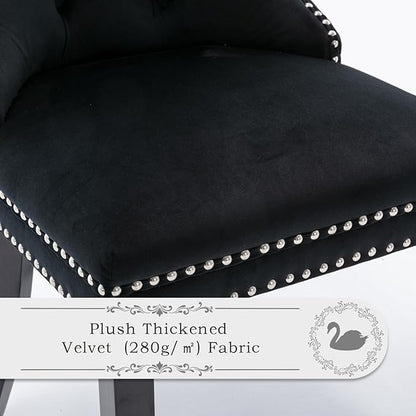 Velvet Upholstered Dining Chairs Set of 4, Modern Style Kitchen Side Chairs with Nailhead Trim and Wood Legs,Metal Pulling Ring for Dining Room Living Room(Black,Set of 4)