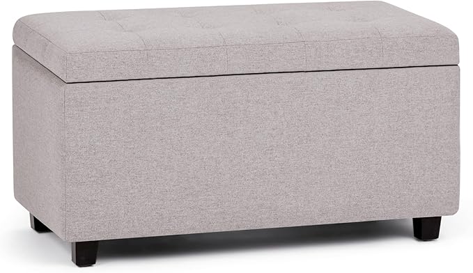 SIMPLIHOME Cosmopolitan 34 inch Wide Transitional Rectangle Storage Ottoman in Cloud Grey Linen Look Fabric, Assembled, For the Living Room, Entryway and Family Room