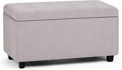 SIMPLIHOME Cosmopolitan 34 inch Wide Transitional Rectangle Storage Ottoman in Cloud Grey Linen Look Fabric, Assembled, For the Living Room, Entryway and Family Room