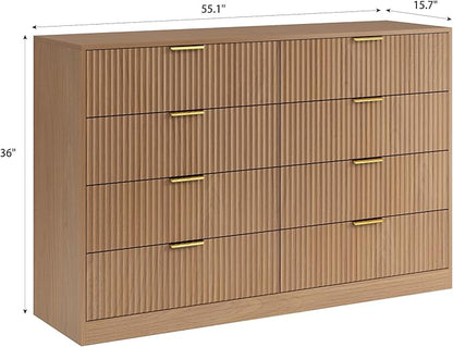 8 Drawer Dresser for Bedroom, Modern Fluted Double Dresser, 55" Wide Chest of Dressers, Mid Century Wooden Beside Table for Closet, Living Room and Entryway, Natural