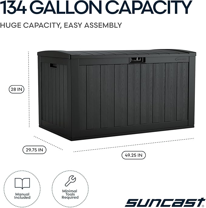 Suncast 134-Gal. Waterproof Resin Extra-Large Outdoor Patio Deck Box with Pad-Lockable Lid, Modern Outdoor Patio Bench/Storage Box for Cushions, Garden Tools, and More, Iron Ore