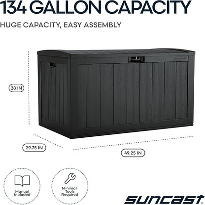 Suncast 134-Gal. Waterproof Resin Extra-Large Outdoor Patio Deck Box with Pad-Lockable Lid, Modern Outdoor Patio Bench/Storage Box for Cushions, Garden Tools, and More, Iron Ore