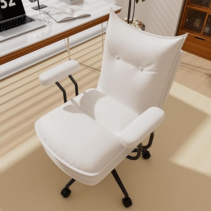 White Leather Office Chair with Wheels, Triple-Layers Thicken Wide Seat Height Adjustable, Mid Back, Comfy Desk Chair for Home, Office