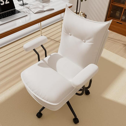 White Leather Office Chair with Wheels, Triple-Layers Thicken Wide Seat Height Adjustable, Mid Back, Comfy Desk Chair for Home, Office