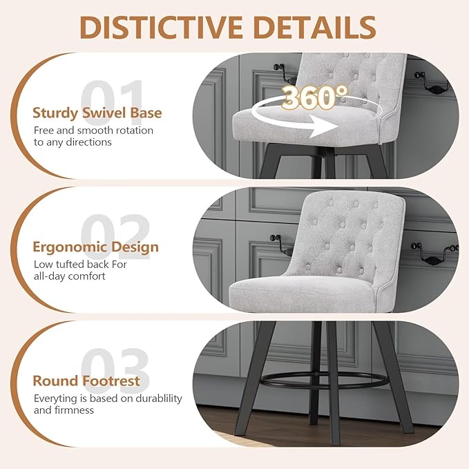 MINCETA Bar Stools Set of 4, 26 Inch Upholstered Barstools with Low Tufted Back and Footrest, Swivel Counter Height Barstools for Kitchen Island Home Bar Performance Fabric Greige