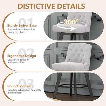 MINCETA Bar Stools Set of 4, 26 Inch Upholstered Barstools with Low Tufted Back and Footrest, Swivel Counter Height Barstools for Kitchen Island Home Bar Performance Fabric Greige