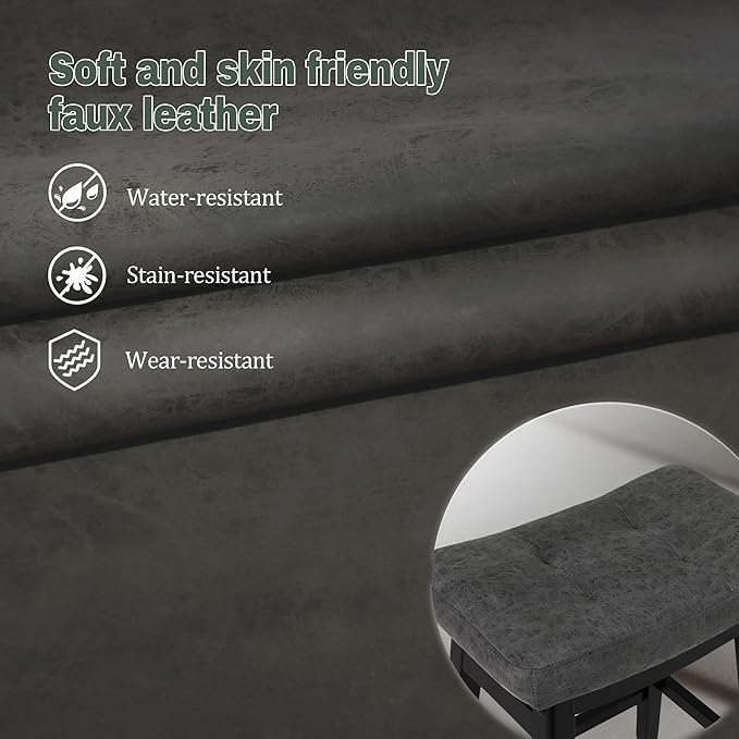 Counter Height Bar Stools Set of 4 for Kitchen Counter Farmhouse Modern Barstools with Faux Leather Upholstered Backless Seat and Solid Wood Legs 24 inch Bar Chairs, Grey + Black